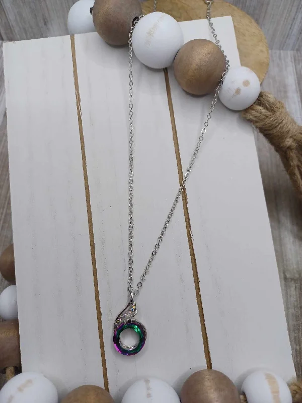 Christmas Holiday Countdown Silver Peacock Necklace w/ Oil Spill Detail