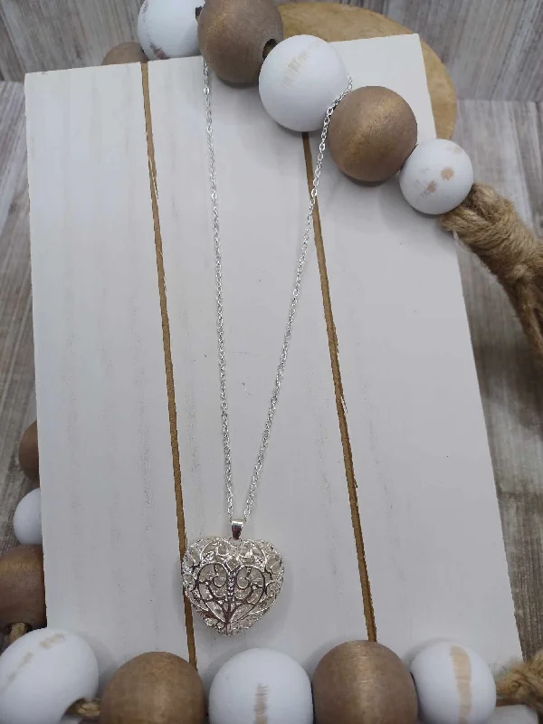 Christmas Cozy Treats Silver Puffed Heart w/ Filigree Necklace