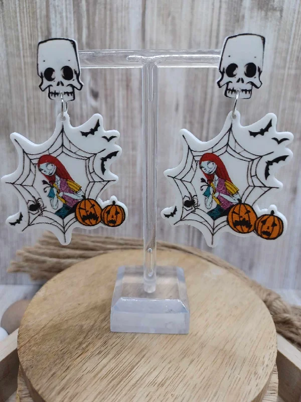 Christmas Traditional Feast Skull Acrylic Earrings w/ Halloween Doll & Pumpkins