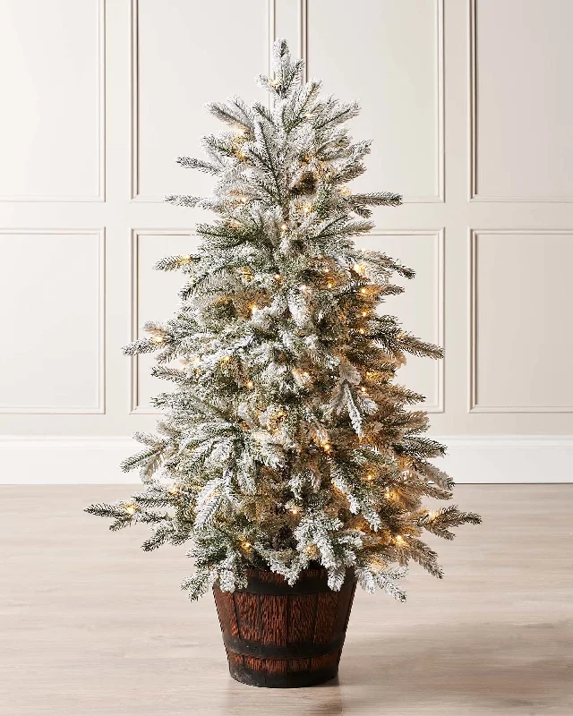 Christmas Home Decorations Pre-Lit Snow Flocked Potted Christmas Tree, 4 ft