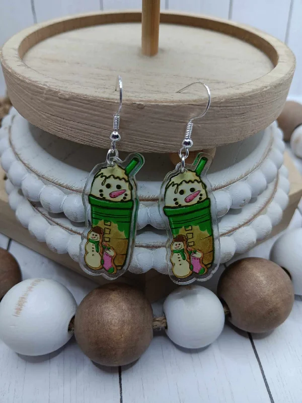 Christmas Mistletoe Magic Snowman Coffee Earrings