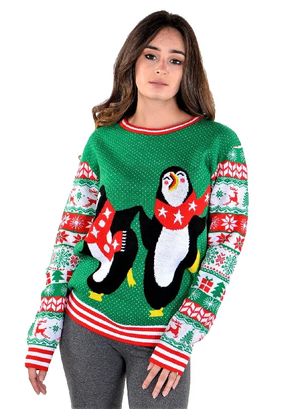 SOCAL LOOK Ugly Christmas Sweater for Teens, Green Long Sleeve Unisex Youth Cute Penguin Holiday Xmas Pullover for Big Boys & Girls