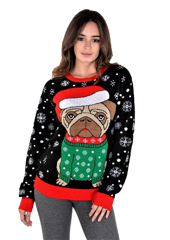 SOCAL LOOK Youth Ugly Christmas Sweater, Black Long Sleeve Unisex Teen Cute Pug Holiday Xmas Pullover for Big Boys and Girls