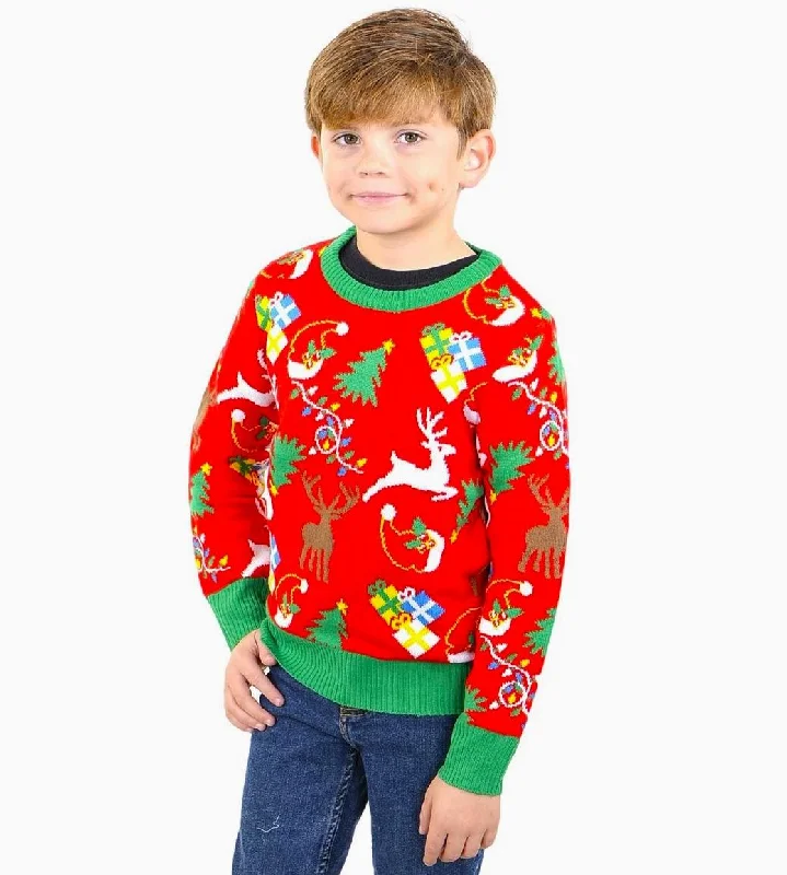 Christmas Winter Forest SOCAL LOOK Ugly Christmas Sweaters for Kids - Red Long Sleeve Children Cute Festive Reindeer Holiday Xmas Pullover for Girls and Boys