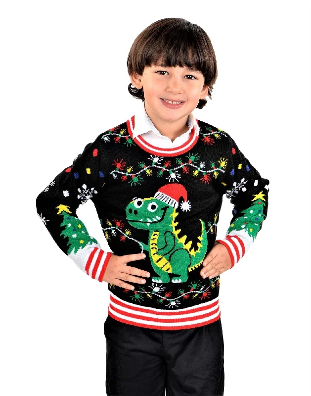 SOCAL LOOK Kids Best Ugly Christmas Sweater - Black Long Sleeve Unisex Children Tacky Cute T-Rex Holiday Pullover for Boys & Girls