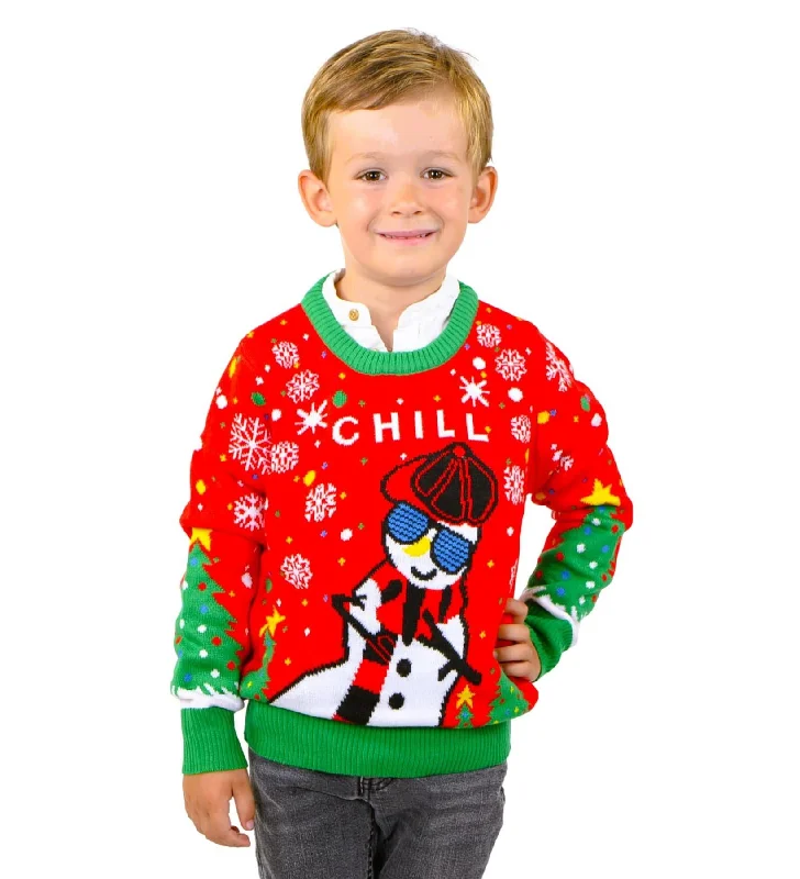 SOCAL LOOK Kids Ugly Christmas Sweater - Red Long Sleeve Unisex Children Festive Cute Chill Snowman Holiday Xmas Pullover for Boys & Girls