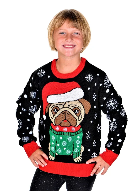 SOCAL LOOK Kids Ugly Christmas Sweater, Black Long Sleeve Unisex Children Cute Pug Holiday Xmas Pullover for Boys & Girls