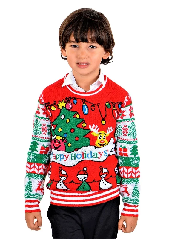 Christmas Snowman Building SOCAL LOOK Ugly Christmas Sweater for Kids- Unisex Children Red Color Long Sleeve Funny and Festive Tacky Cute Holiday Xmas Pullover for Boys & Girls
