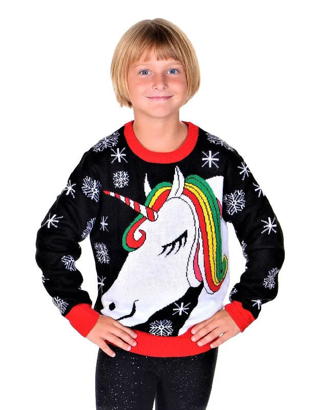 SOCAL LOOK Kids Unicorn Ugly Christmas Sweater – Black Long Sleeve Holiday Pullover for Boys & Girls, Festive Tacky Xmas Sweater