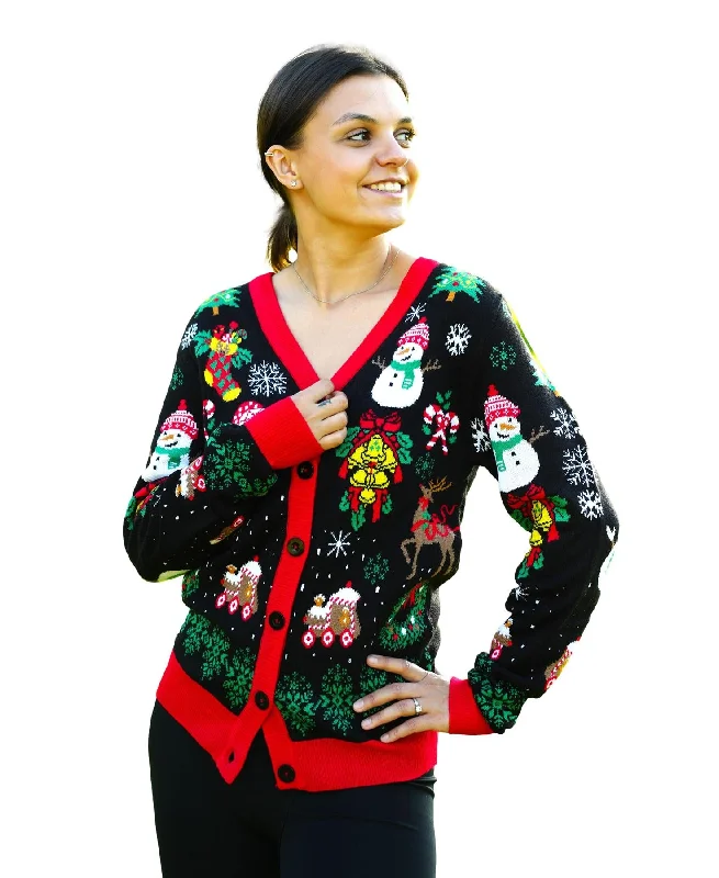 SOCAL LOOK Women Ugly Christmas Sweater Cardigan, Long Sleeve Black Color Ugliest Festive Best Holiday Xmas Pullover