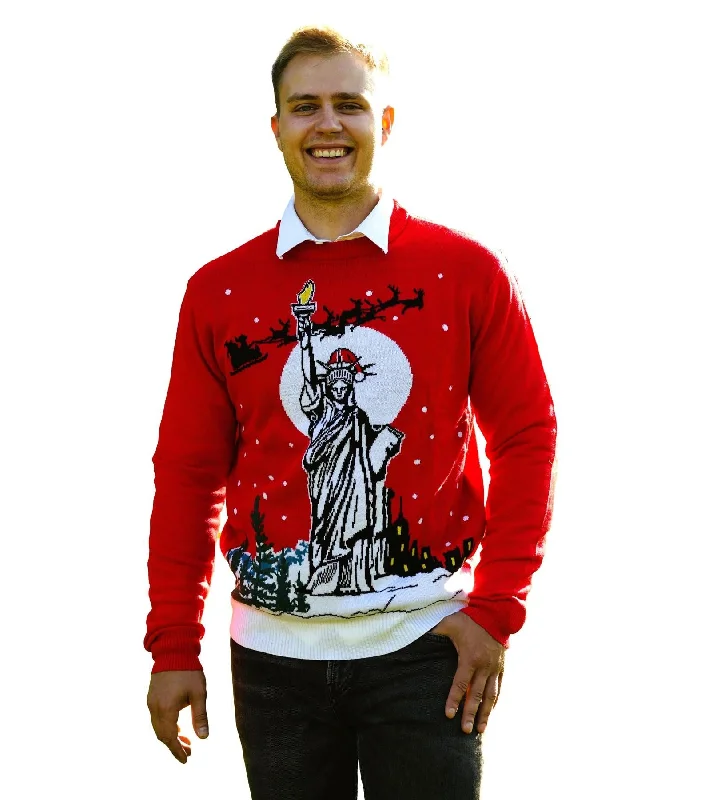 SOCAL LOOK Ugly Christmas Sweater for Men, Red Color Long Sleeve Xmas Jumper Funny Festive Liberty Holiday Pullover