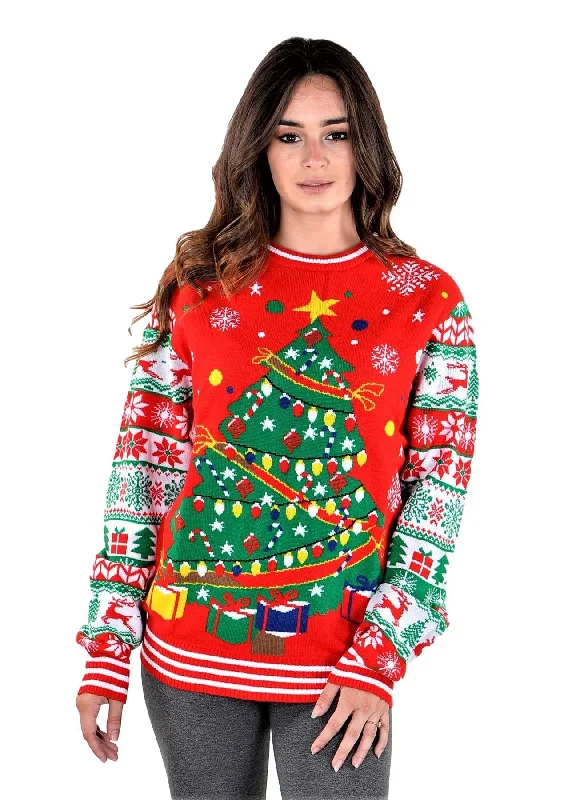 SOCAL LOOK Ugly Christmas Sweater for Women - Red Color Long Sleeve Festive Cute Christmas Tree Holiday Pullover