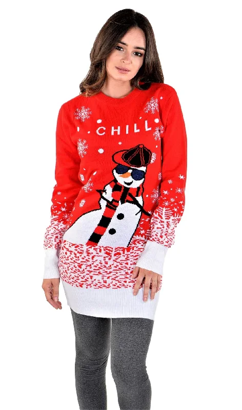 SOCAL LOOK Women Ugly Christmas Sweater Dress, Red Color Long Sleeve Xmas Jumper Funny and Festive Chill Snowman Holiday Pullover