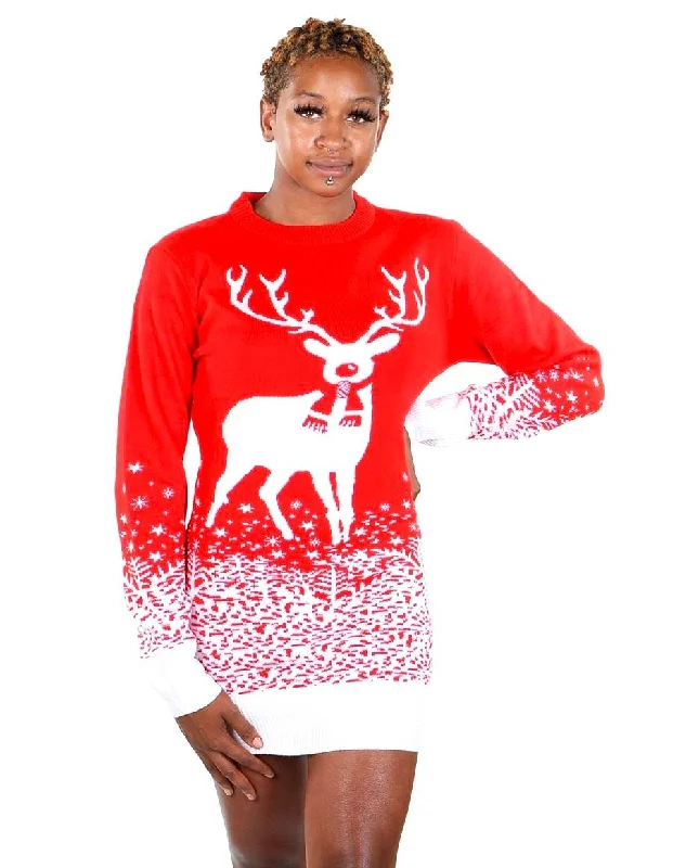 Christmas Tree Angel SOCAL LOOK Ugly Christmas Sweater Dress for Women, Red Color Long Sleeve Funny and Festive Reindeer Holiday Xmas Pullover