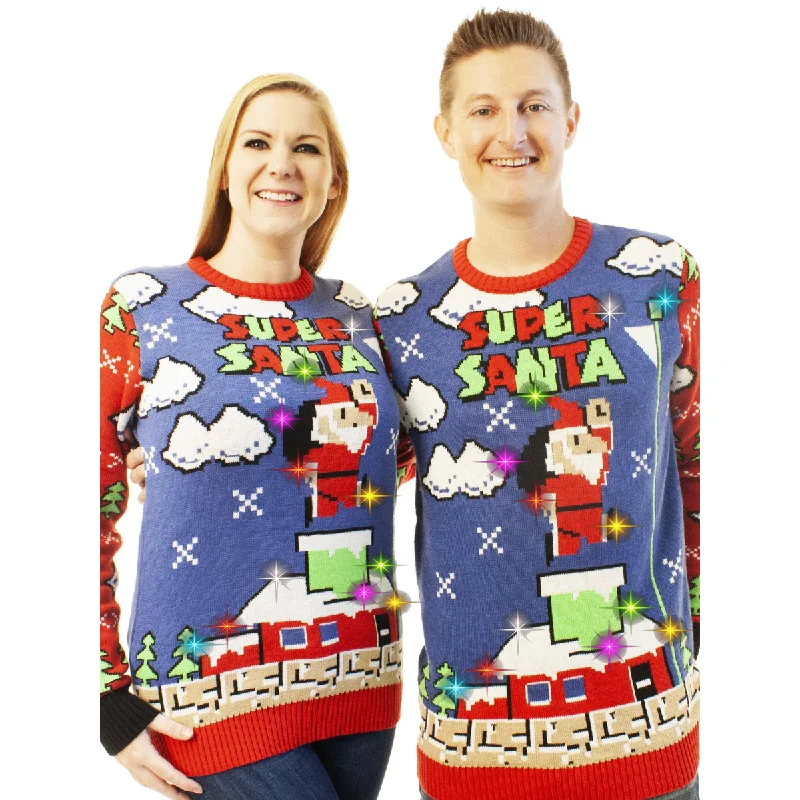 Christmas Snow Covered Roof Light Up- Super Santa | Ugly Christmas Sweater For Men & Women | Unisex Sizing