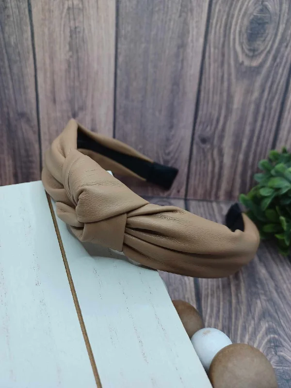 Christmas Holiday Greetings Tan Leather Style Top Knot Headband