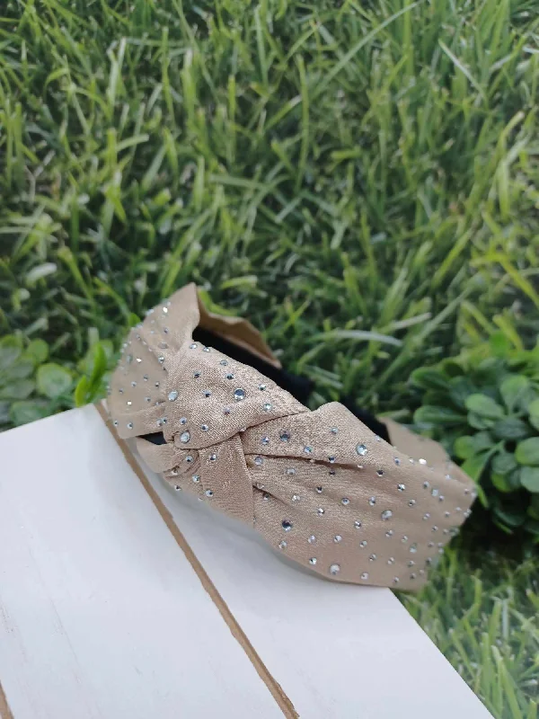 Christmas Glittering Stars Tan Top Knot Headband w/ Rhinestones