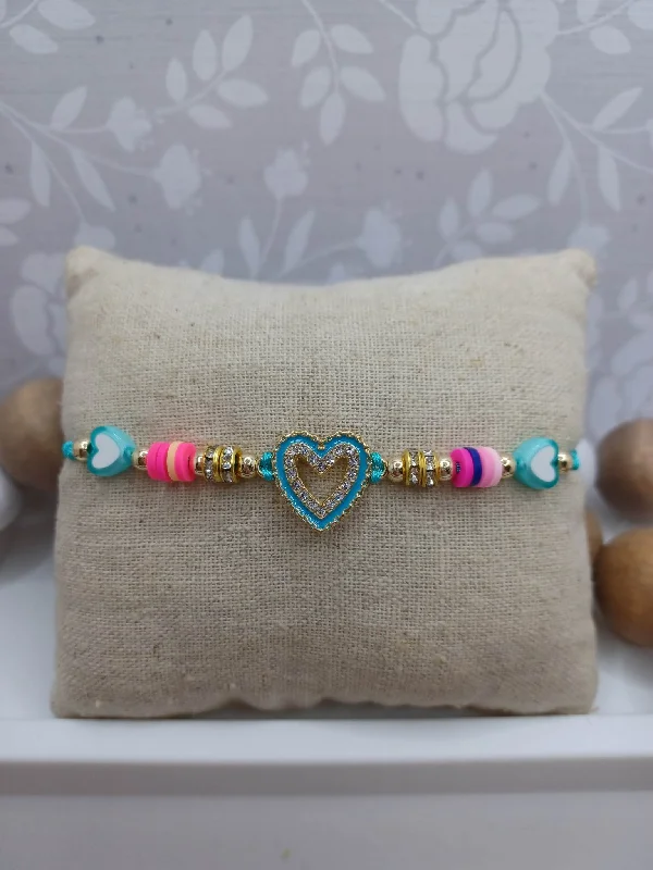 Christmas Snowman Building Teal Beaded Rhinestone Heart Bracelet