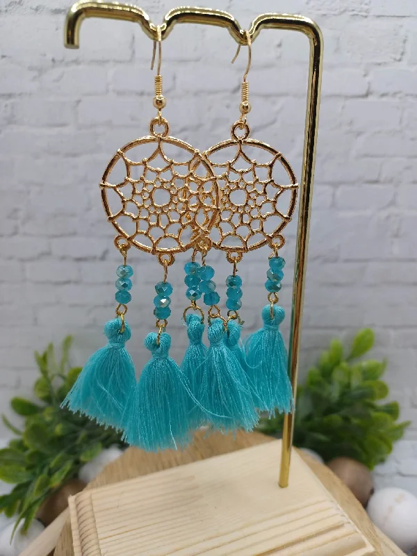Christmas North Pole Teal Dreamcatcher Beaded & Tassel Earrings