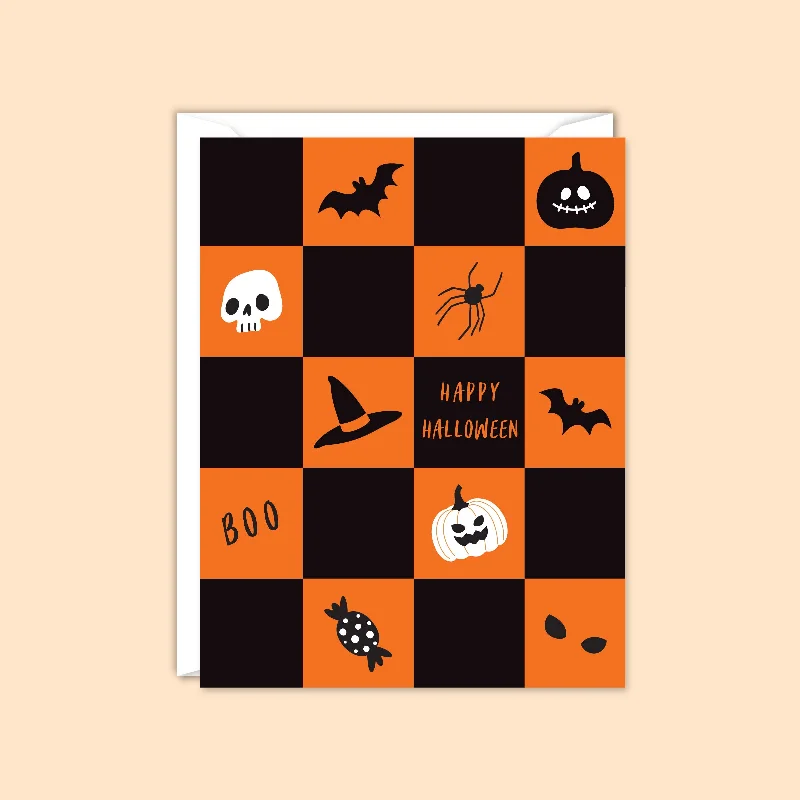 Christmas Wooden Decor Happy Halloween Checkered Card