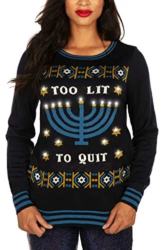 Christmas Snowfall Bliss Tipsy Elves' Hanukkah Too Lit to Quit Light Up Sweater - Funny Blue LED Ugly Holiday Sweater Size X-Large