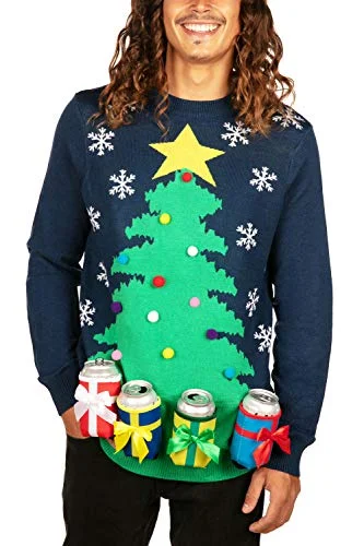 Christmas Traditional Feast Tipsy Elves' Men's Christmas Tree with Beer Holsters Pullover - Funny Blue Ugly Christmas Sweater Size Small