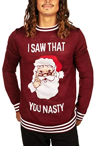 Christmas Warm Glow Tipsy Elves' Men's I Saw That, You Nasty! Pullover - Funny Red Ugly Christmas Sweater Size Large
