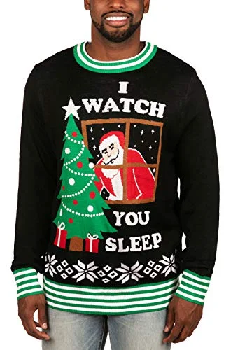 Christmas Festive Atmosphere Tipsy Elves' Men's I Watch You Sleep Pullover - Funny Black Ugly Christmas Sweater Size Medium