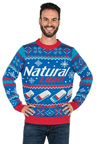 Christmas Winter Nights Magic Tipsy Elves Men's Natural Light Ugly Christmas Sweater - Natty Light Xmas Sweater (Blue, Medium)