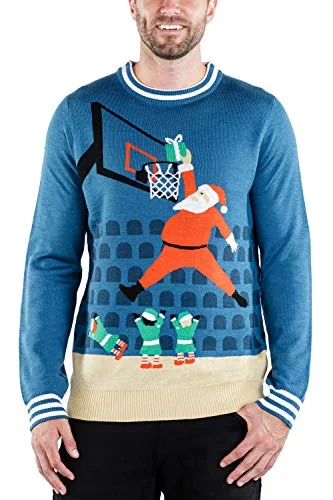 Christmas Twinkling Lights Tipsy Elves Slam Dunk Santa Claus Men's Ugly Christmas Sweater Jingle Baller Hilarious Basketball Holiday Pullover for Guys Size S