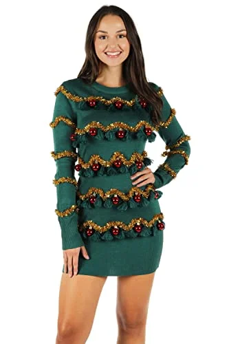 Christmas Chilly Snowfall Tipsy Elves Tasseled Green Christmas Tree Sweater Dress for Holidays and Parties Size X Small