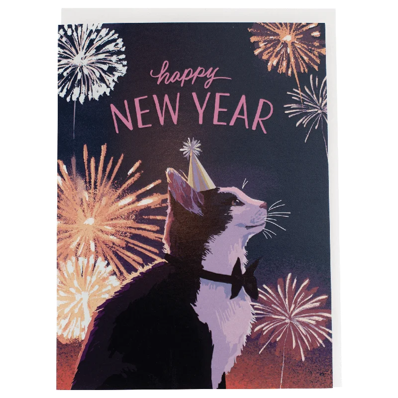 Christmas Village Scene Tuxedo Cat New Year Card