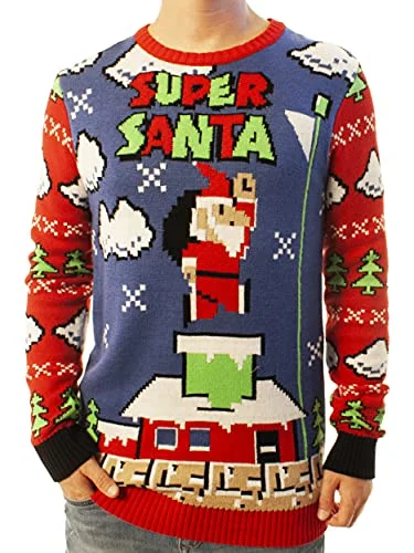 Christmas Garland Designs Ugly Christmas Party Sweater Unisex - Super Santa -Small Super Santa Blue