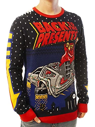Christmas Village Scene Ugly Christmas Party Unisex Ugly Christmas Sweater Back to The Presents-Small Back to The Presents Navy