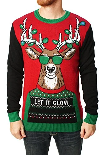Christmas Garland Designs Ugly Christmas Sweater Company Men's Assorted Light-Up Xmas Crew Neck Sweaters with Multi-Colored LED Flashing Lights, Cayenne Let It Glow, X-Large