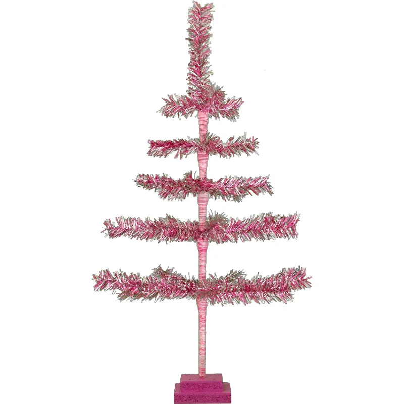 Christmas Snow Covered Village 28in Vintage Pink & Silver Tinsel Christmas Tree