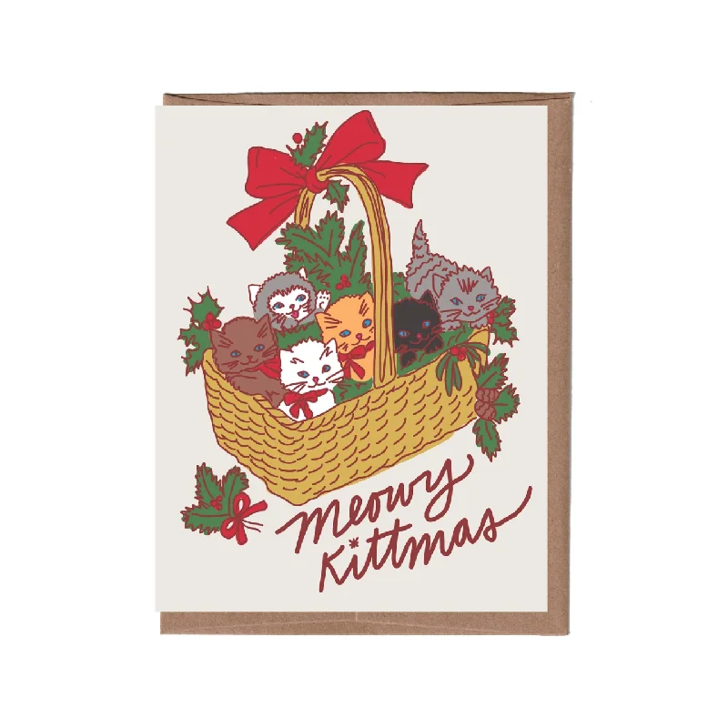 Christmas Glittering Stars Vintage Cat Basket Christmas Card
