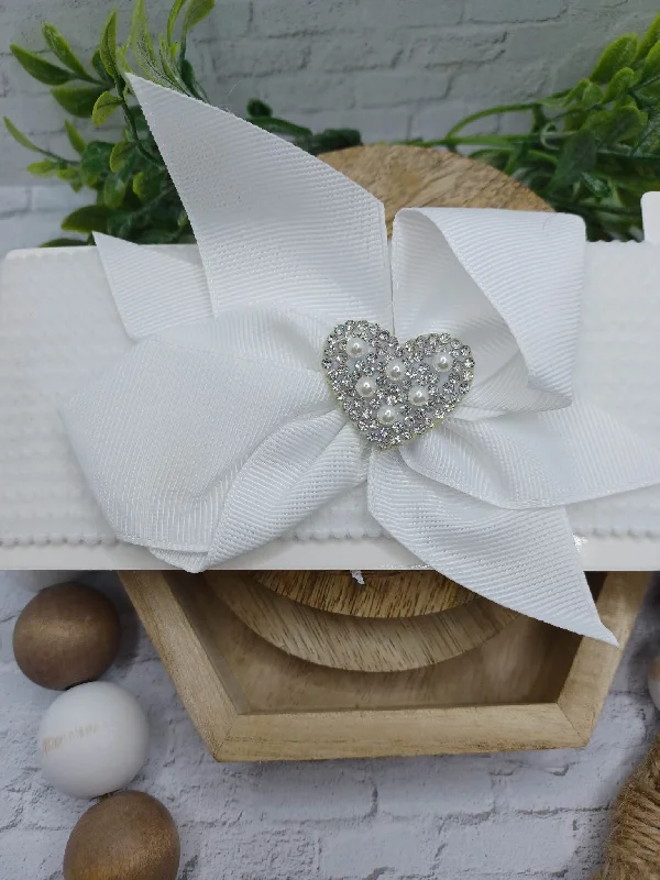 Christmas Snowfall Bliss White Baby Headband w/ Rhinestone & Pearl Heart Charm