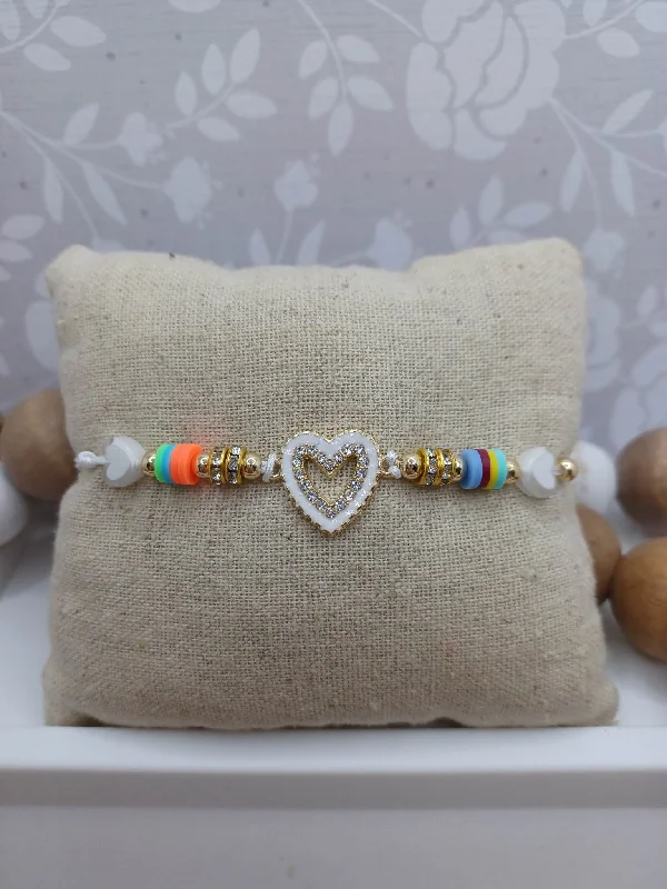 Christmas Evergreen Trees White Beaded Rhinestone Heart Bracelet