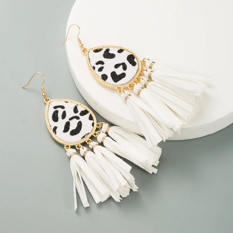 White Leopard Tassel Style Earrings