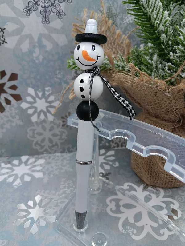 Christmas Holiday Greetings White Snowman Beaded Ink Pen