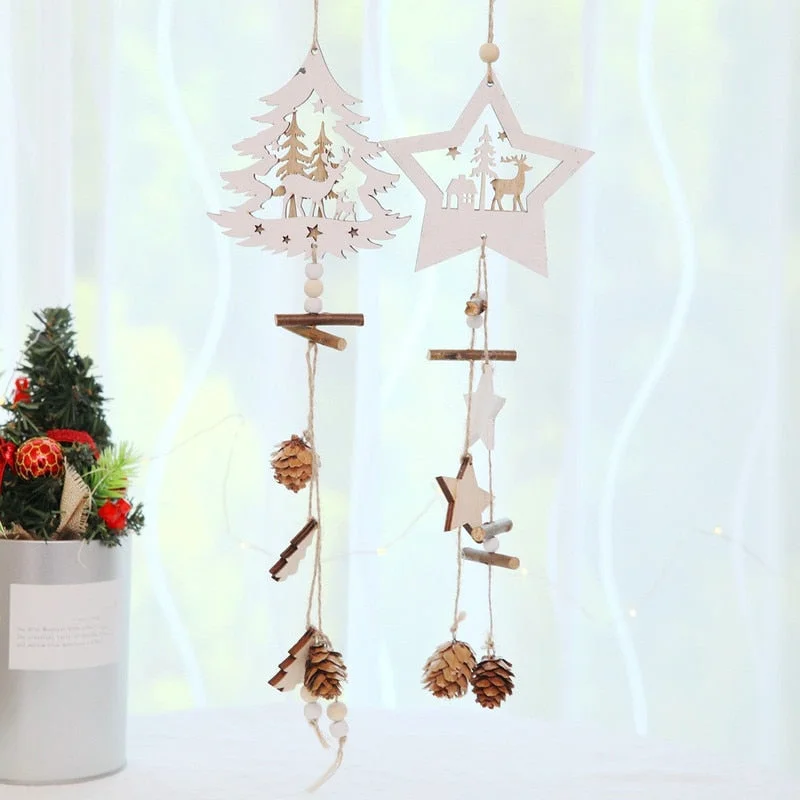 Christmas Snowy Windows Wood Star Pendants Pine Cone Christmas