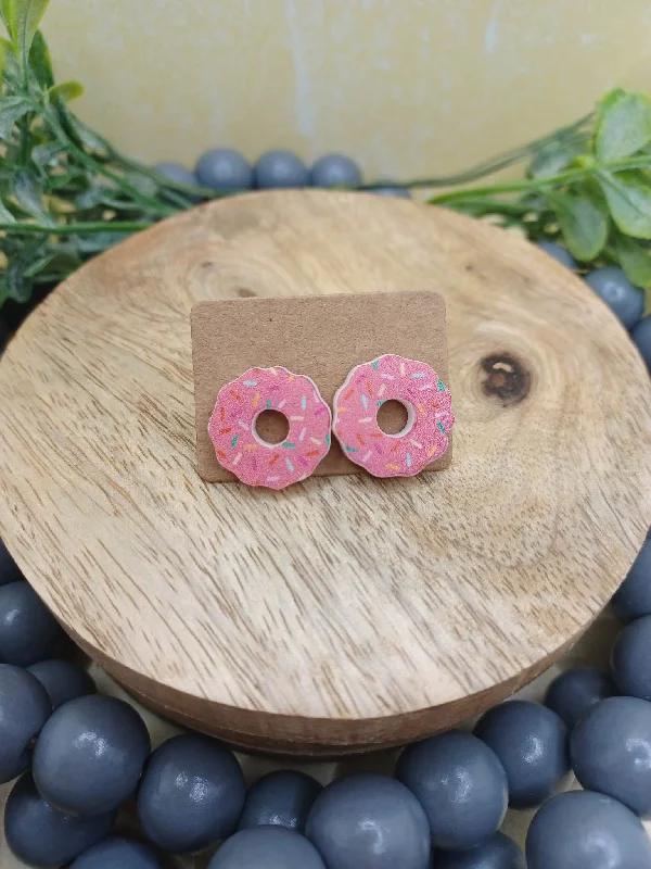 Christmas Traditional Feast Wooden Pink Donut w/ Sprinkles Earrings