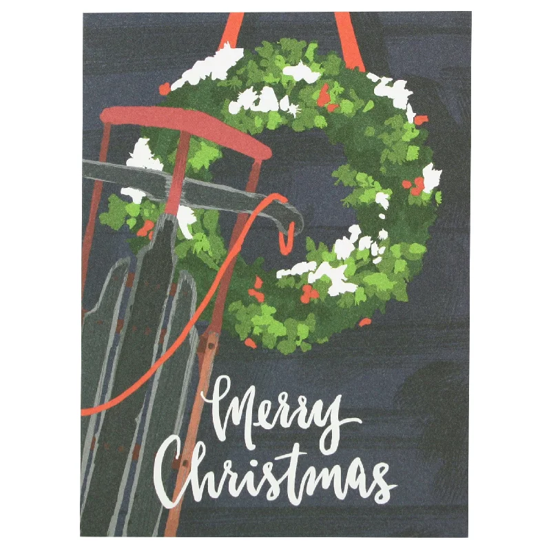 Christmas Carol Singing Wreath and Sled Christmas Card