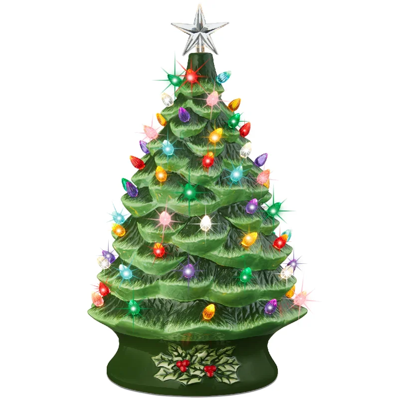 Christmas Home Decorations XL Pre-Lit Ceramic Christmas Tree Decoration w/ LED Light, Timer - 24in