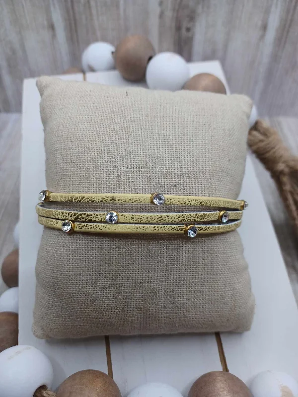Christmas Tree Snowflakes Yellow Leather Style Bracelet w/ Chrome Detail & Rhinestones