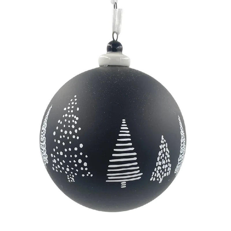 Christmas Cozy Comfort 100mm Hand-Blown Bauble Porcelain Ornament w/Abstract Tree - Black