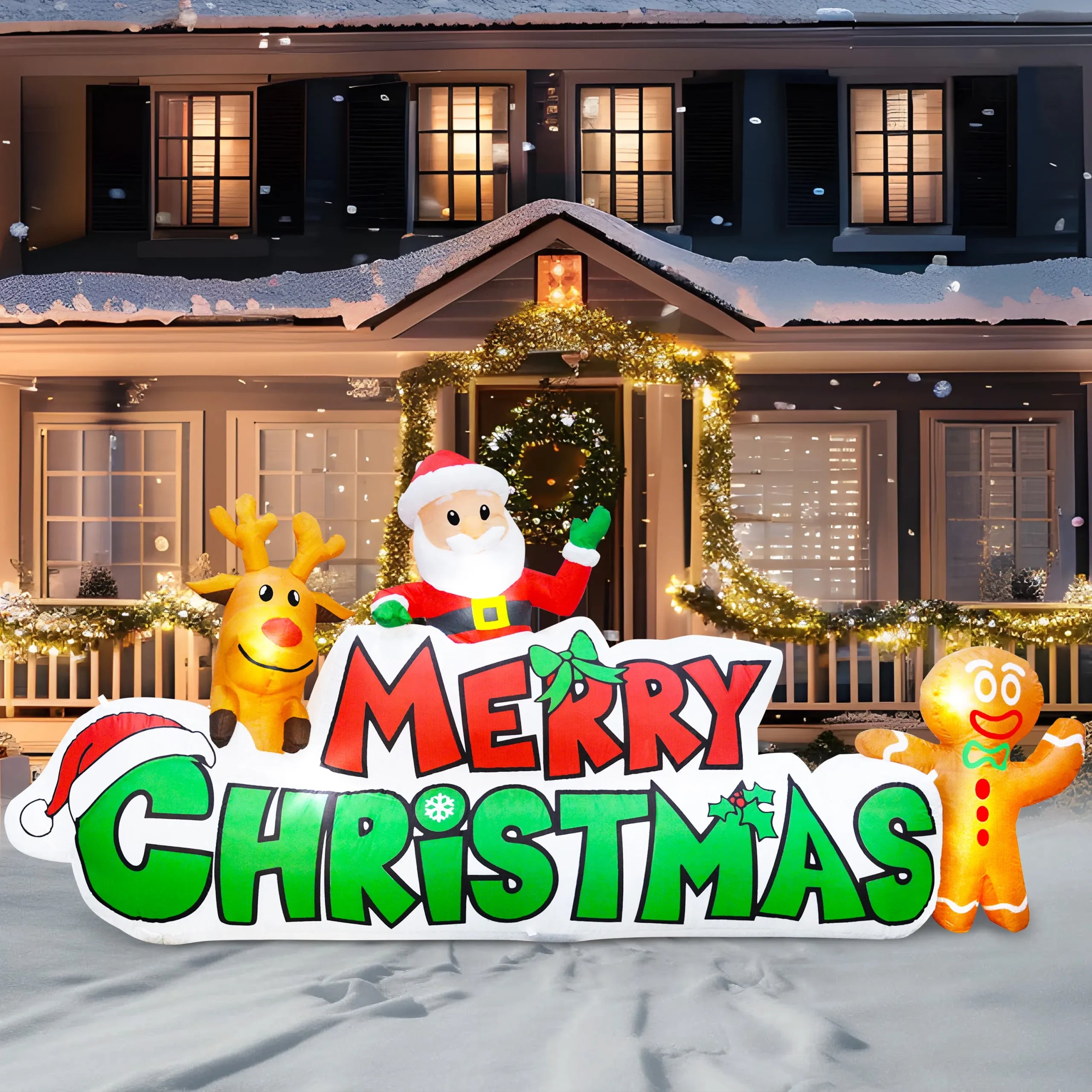 Christmas Snow Covered Streets 9.5ft Inflatable Merry Christmas
