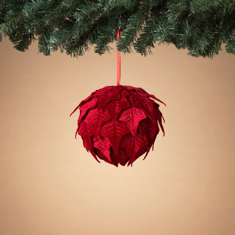 Christmas Snow Covered Trees 11" Red Poinsettia Ball Set Of 2