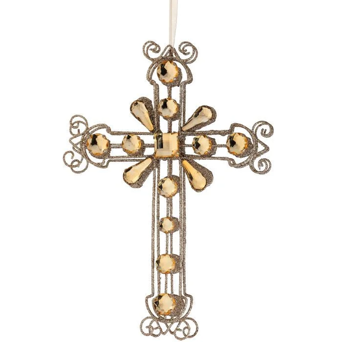 Christmas Ornament Collection 12" Champagne Jeweled Cross Ornament Set Of 2